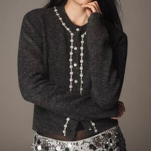 NWT Anthropologie Maeve Embellished Crew-Neck Cardigan Sweater Grey Size S